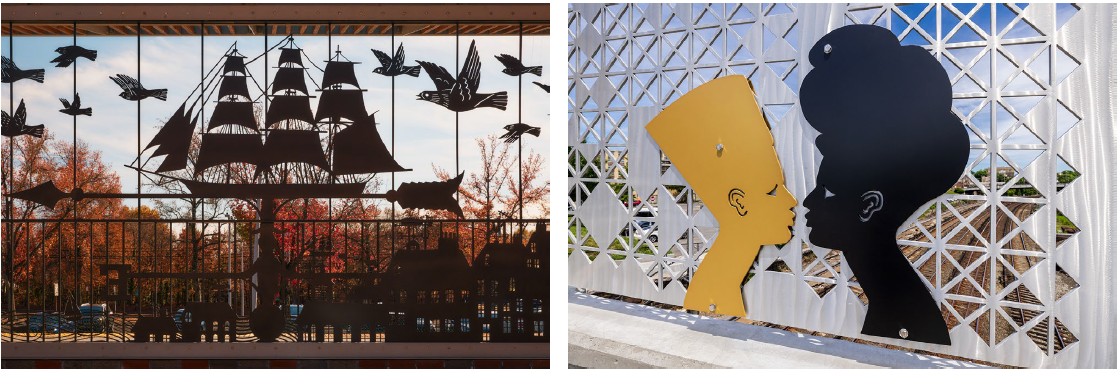 Two images side by side depicting metal station artwork.
