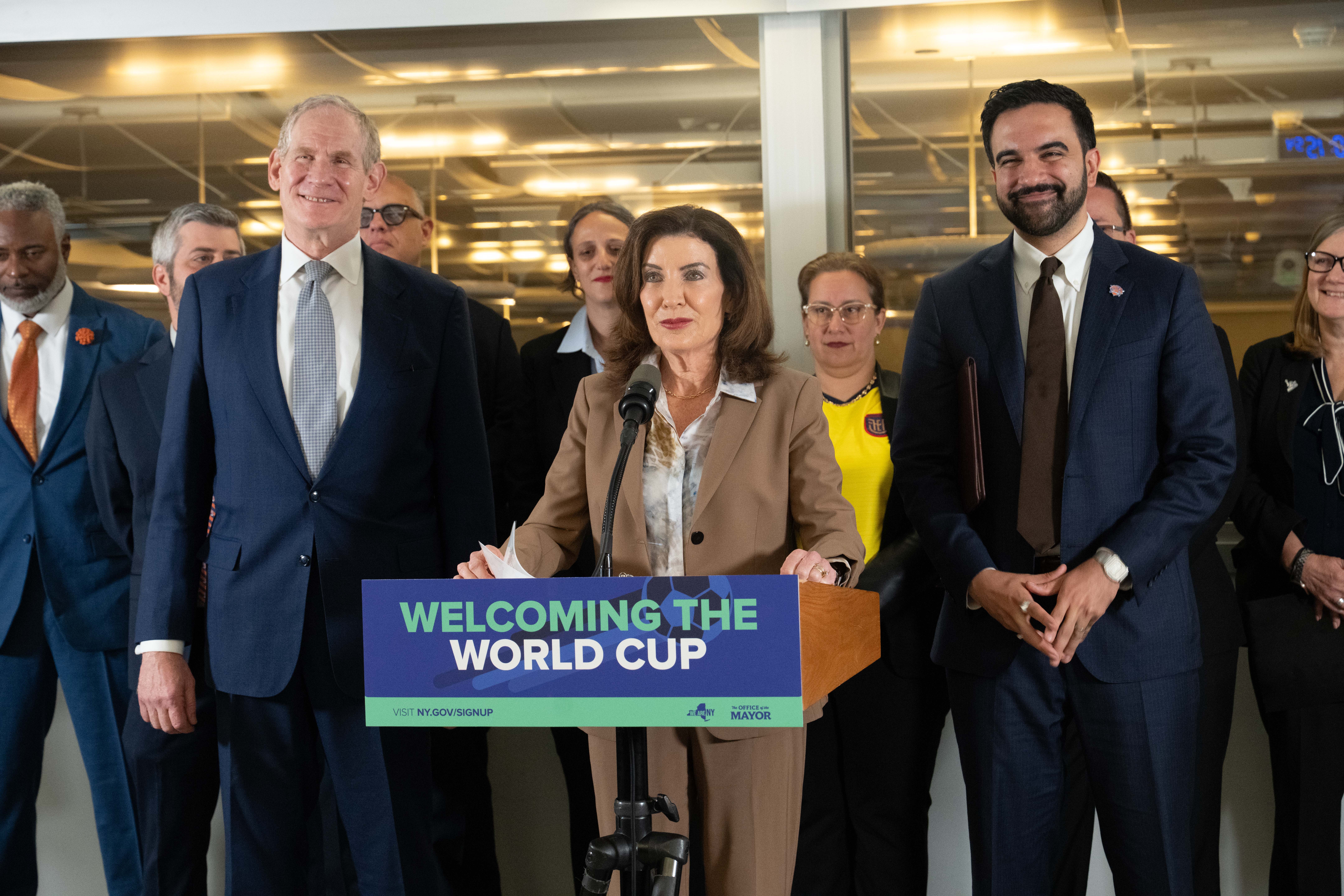 MTA Chair & CEO Janno Lieber, Governor Hochul and Mayor Mamdani at a press conference discussing World Cup Prep
