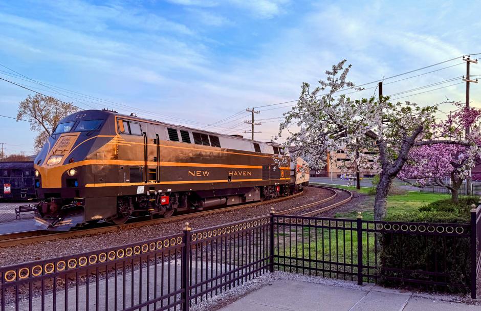 P32AC-DM No. 222, painted in the classic New York, New Haven and Hartford Railroad heritage scheme, passes the Danbury Railway Museum on a beautiful spring evening in 2026.