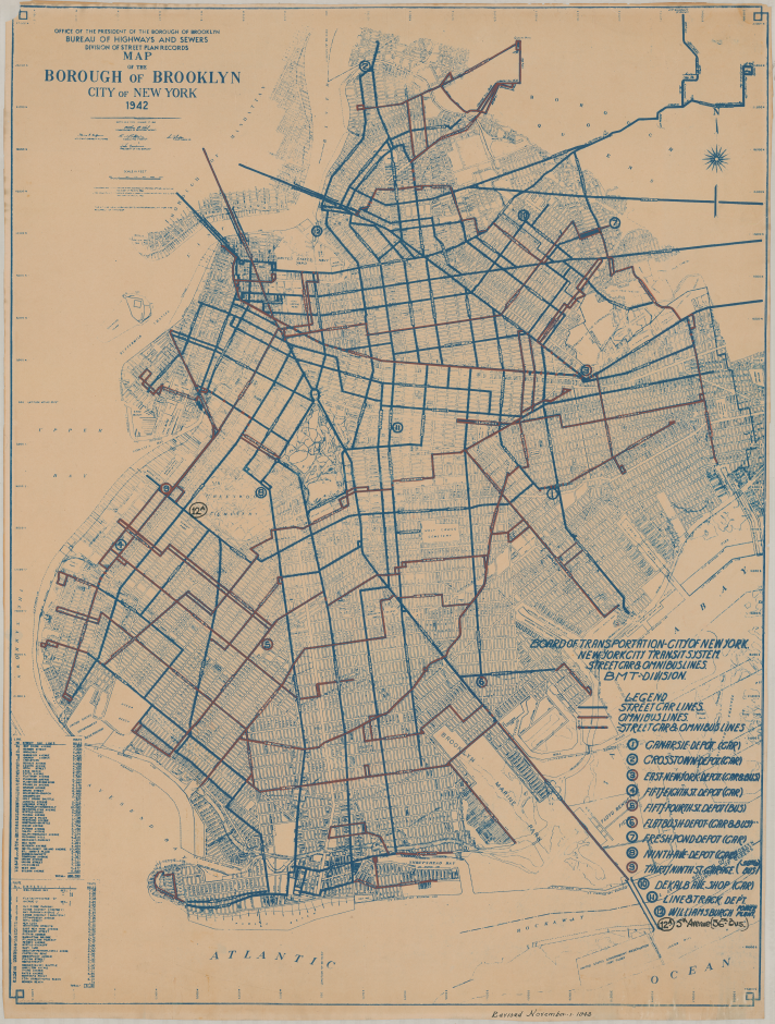 map of streetcar routes in Brooklyn in 1942