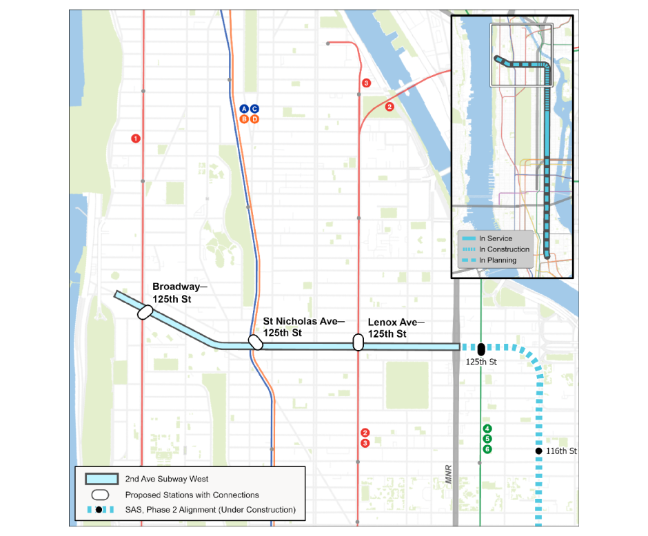 Map shows the locations of where subway stations would be when the Q is extended west along 125th Street.