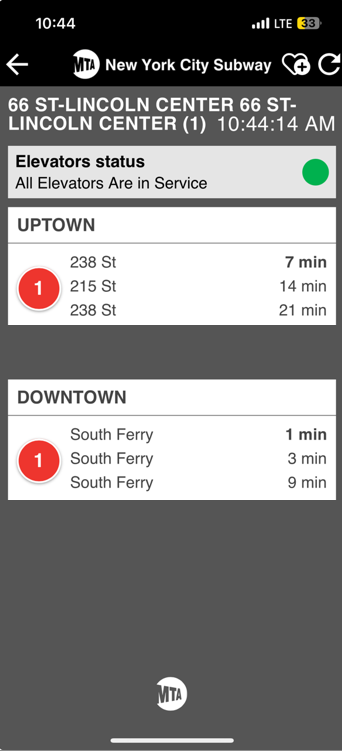 Screenshot of NaviLens GO app at 66 St on the 1 line. App shows three upcoming train arrivals in both directions. It also reads that all elevators are in service. 