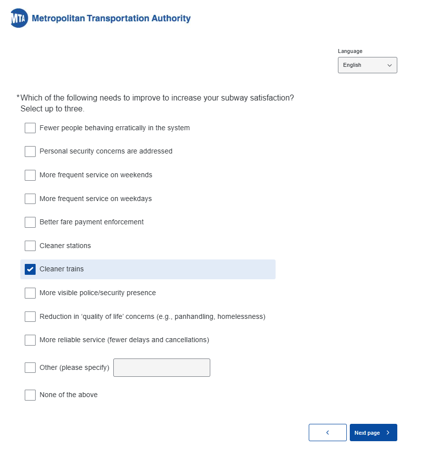 Screenshot of an MTA monthly Pulse survey question asking, “Which of the following needs to improve to increase your subway satisfaction?” Several checkbox options appear, and “Cleaner trains” is selected. 