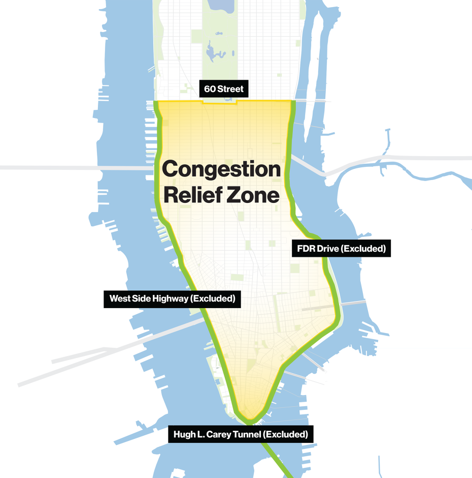 A map of the Congestion Relief Zone, Manhattan south of 60 Street. The West Side Highway, FDR Drive, and Hugh L. Carey Tunnel are highlighted as excluded.