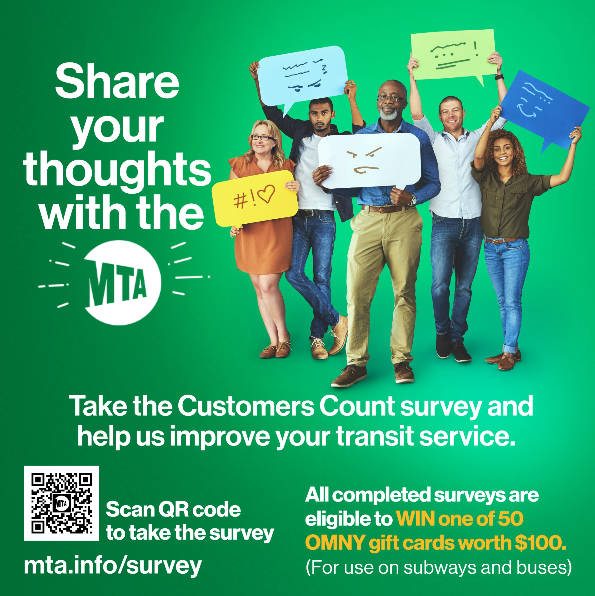 Advertising graphic promoting the Fall 2025 Customers Count survey. A green background features illustrations of people holding signs with various reaction icons. A QR code is shown for scanning. The header text reads “Share your thoughts with the MTA.”