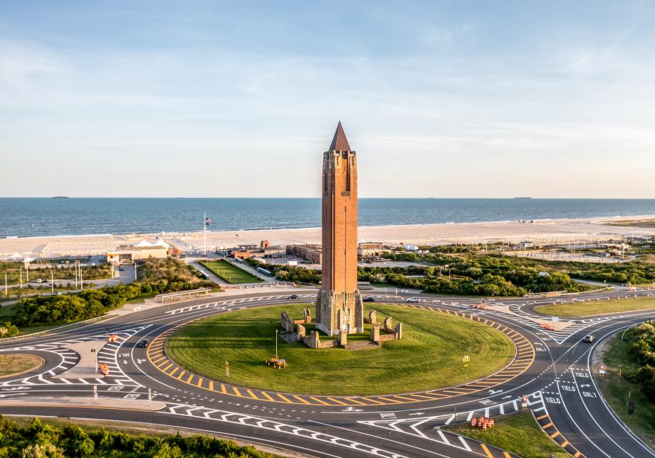 An aerial view of Jones Beach, New York, including its iconic water tower. 