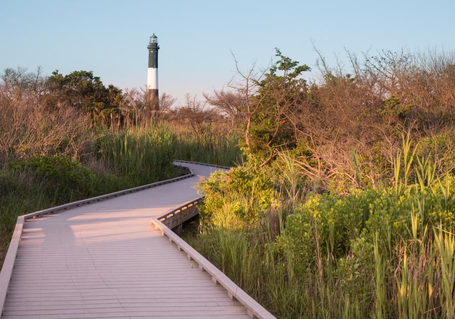 A wooden path leading through a grassy area to the Fire Island Lighthouse. 
