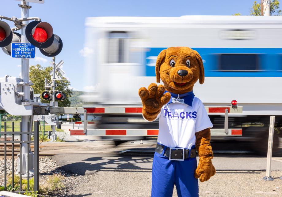 A rail-safety dog mascot waves while a train speeds past behind the lowered crossing gates.