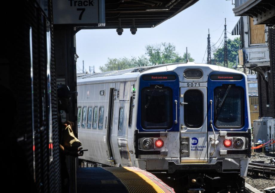 A Long Island Rail Road train pulling into a station.