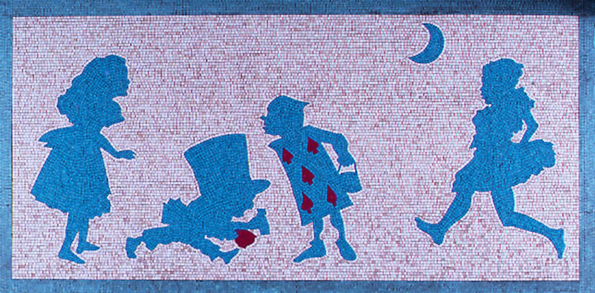 Artwork in glass mosaic by Liliana Porter showing blue silhouetted figures on a white background.