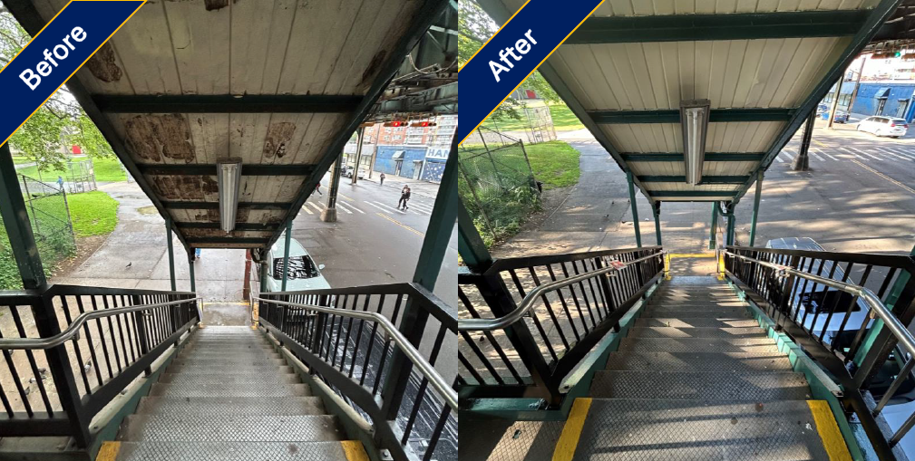 Before and after photos of a repainted staircase canopy