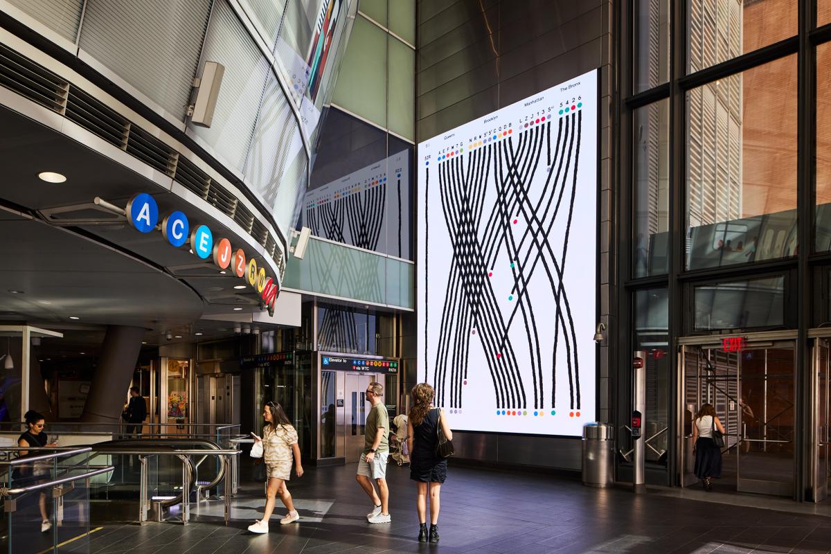 View of large digital screen in Fulton Center.