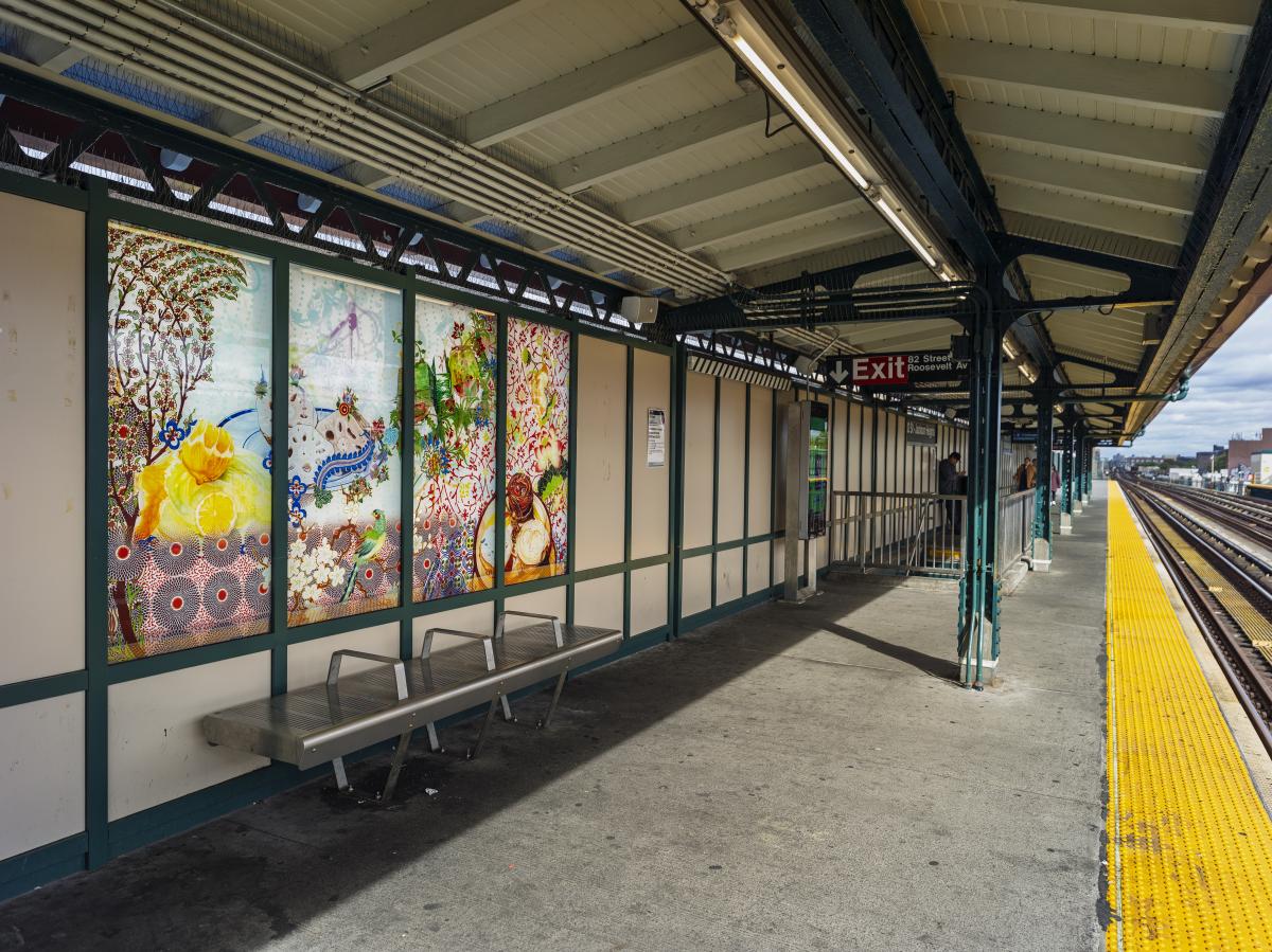 Glass artwork in an elevated platform windscreen.