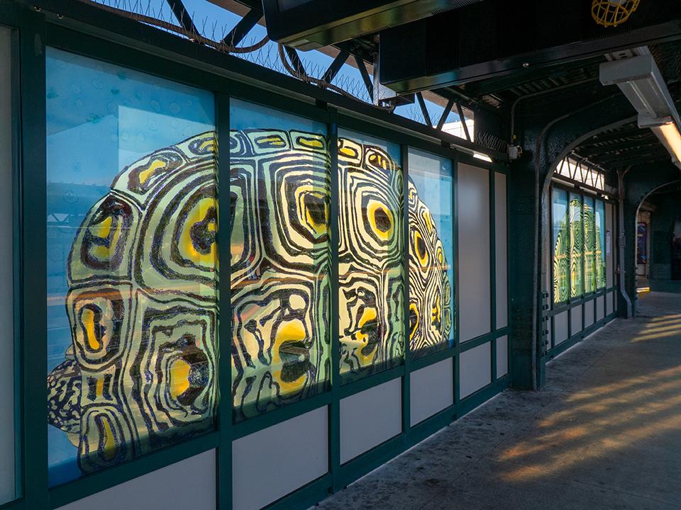 Glass artwork in a station windscreen.