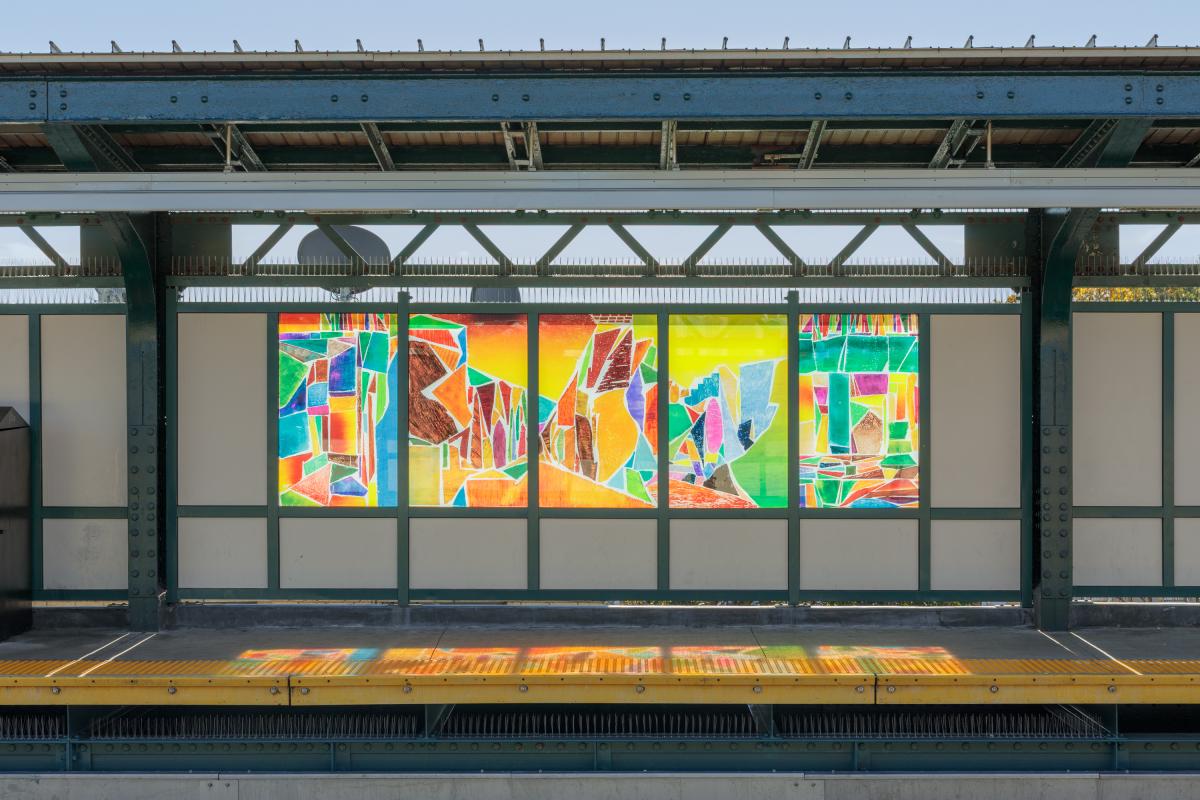 Glass artwork in a station windscreen.
