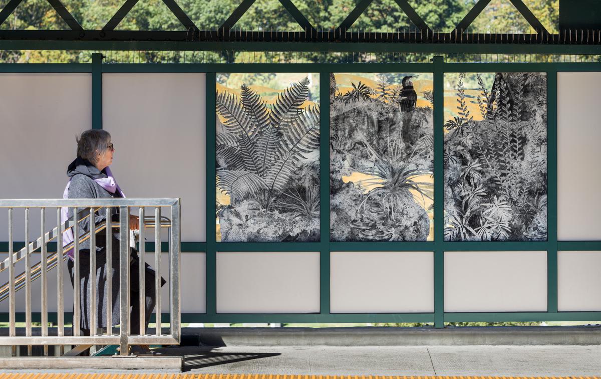 Glass artwork in station windscreen.