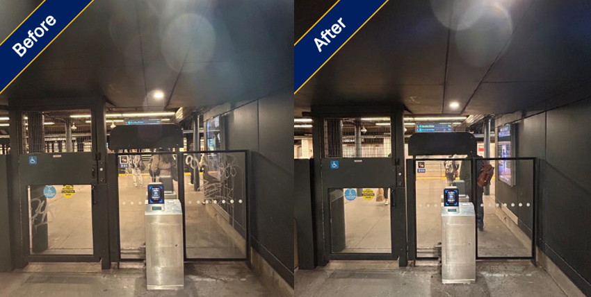 Before and after photos of a refurbished entrance at 28 St