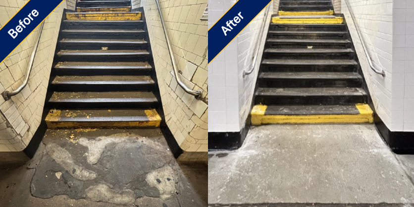 Before and after photos of concrete and tile repair on staircase