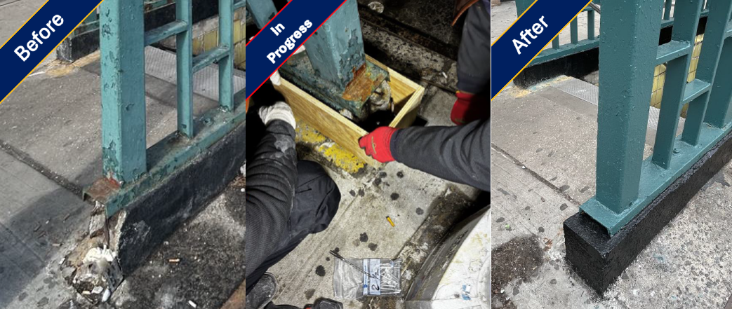 before, during, and after image of railing edge replacement