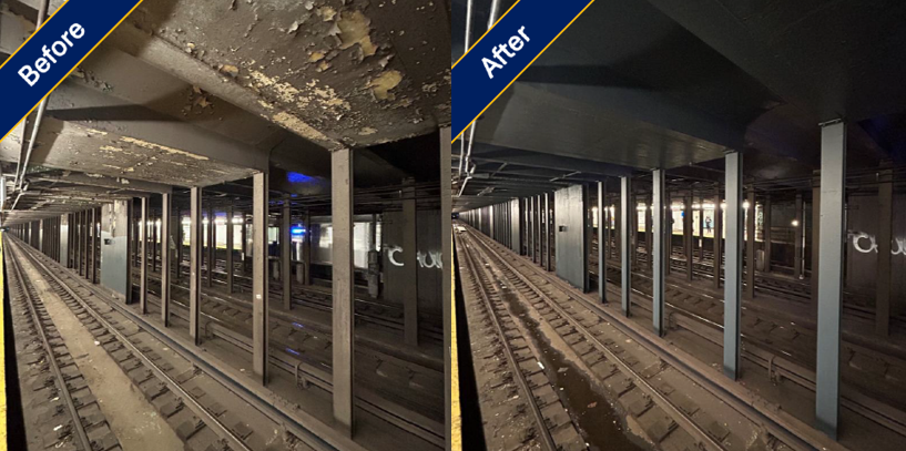 before and after image of ceiling refinishing at an underground subway station