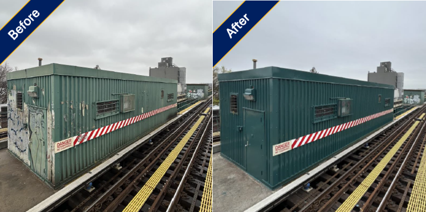 Before and after of graffiti abatement at a station