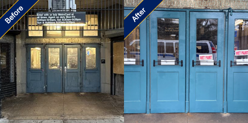 before and after of repainted blue doors 