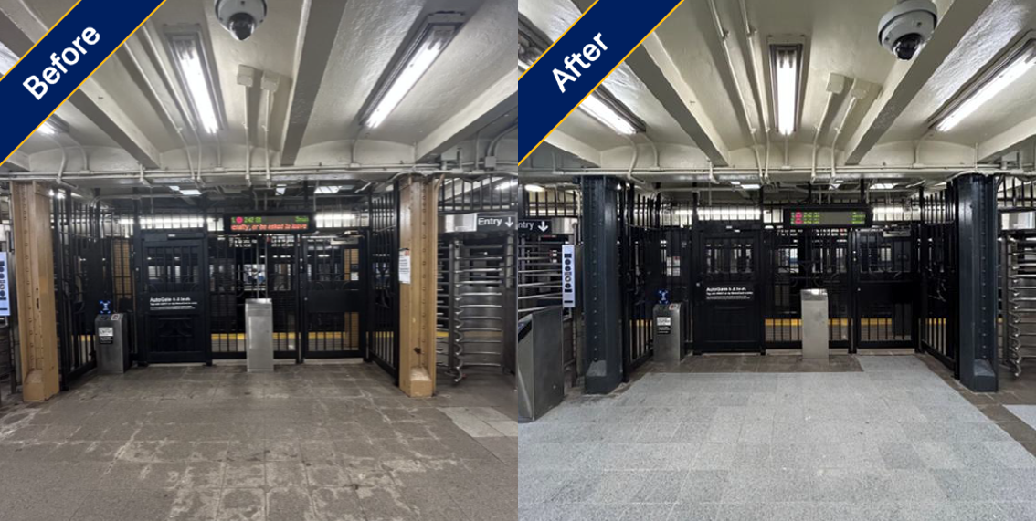 Before and after image of flooring replacement near a subway turnstile at Houston St