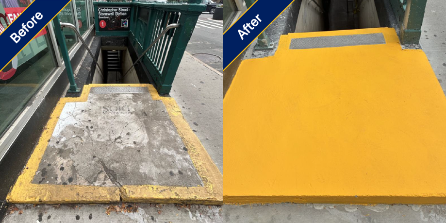 before and after image of repaired stairwell at christopher st station 