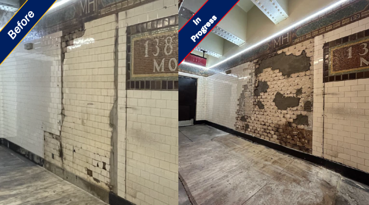 before and in progress images of tile repair
