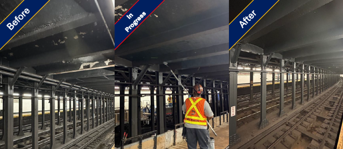 ceiling repair before, in progress, and after at E 149 St on the 6