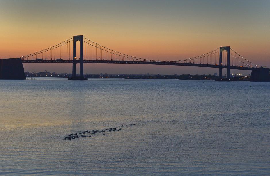 A bridge stretches across a body of water with a sunset visible in the background and waterfowl in the foreground.