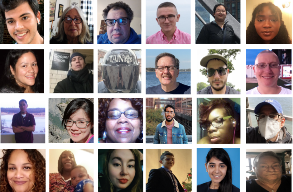 A grid of photos featuring men and women of different races and ages. 