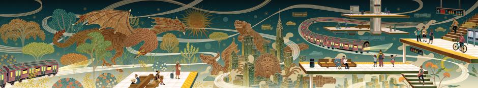 An illustrated poster by Feifei Ruan featuring trains and platforms with travels floating in a mythical environment with trees, mythical creatures, and skyscrapers at night.