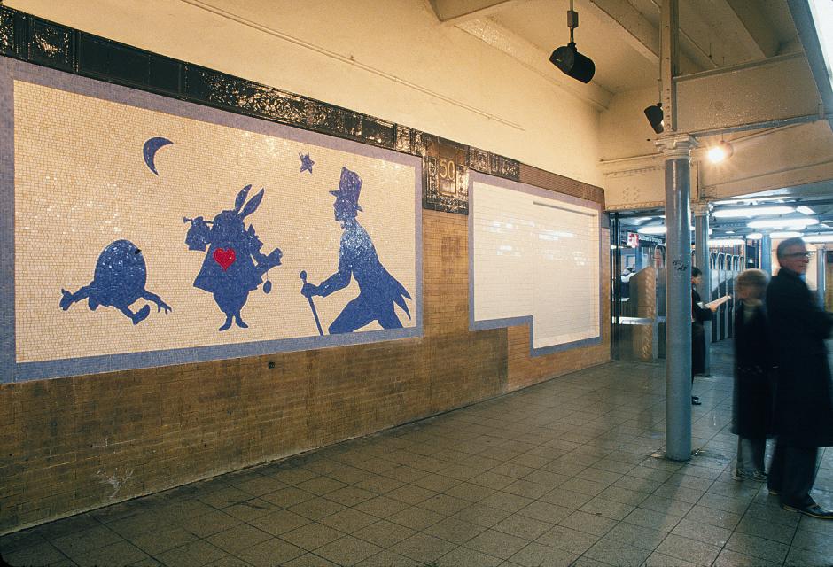 Artwork in glass mosaic by Liliana Porter showing blue silhouetted figures on a white background.
