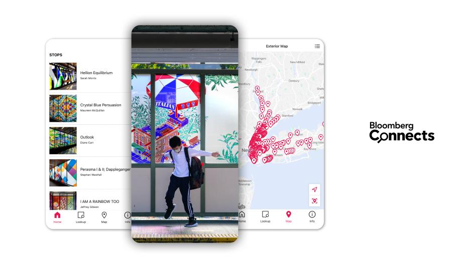 Three phone screens showing a Bloomberg Connects digital guide.