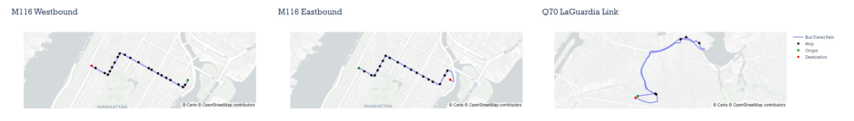 Maps showing the routes of the M116 Westbound, M116 Eastbound, and Q70 LaGuardia Link buses, showing origin, stops, and destination connected by the bus travel path.