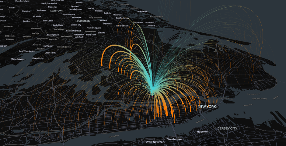 Data visualization of trips from Court Square on Saturdays in June 2024, showing the most trips are to Midtown Manhattan and Queens, with fewer trips to other areas of the city.