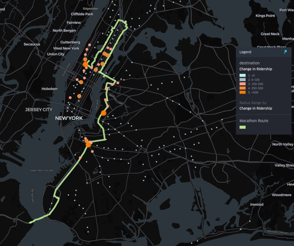 A map showing the estimated average ridership to each station complex between October and November 2023 for the hour 10 a.m.-11 a.m. and the New York City Marathon route.