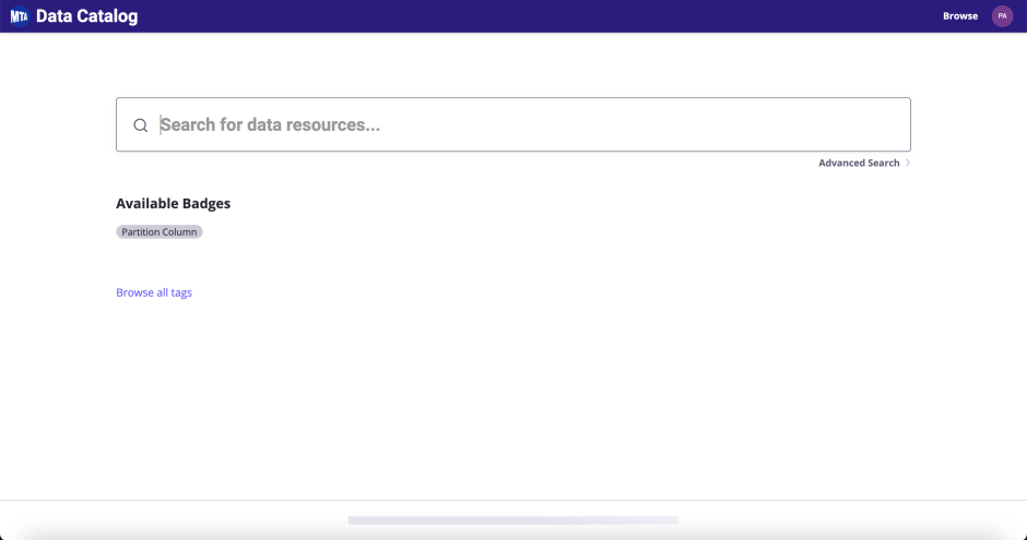 Screenshot of the MTA Data Catalog landing page