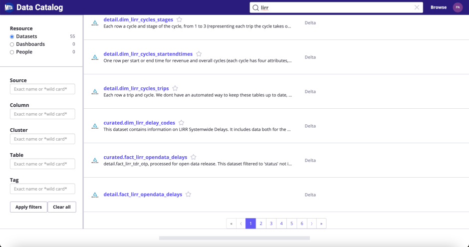 Screenshot of search results for "lirr" on the MTA Data Catalog 