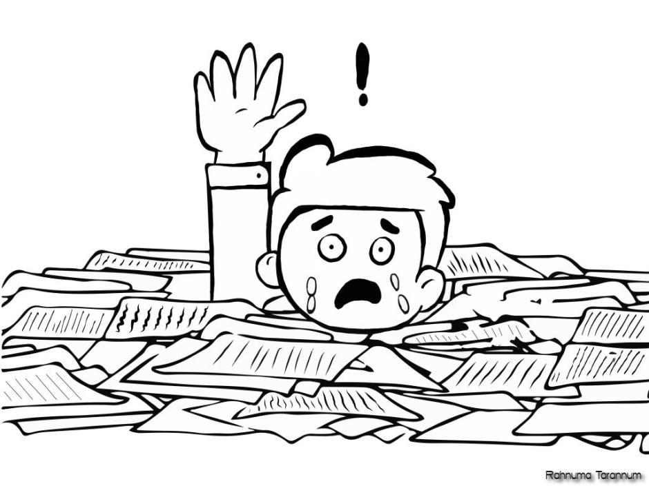 A cartoon of a man drowning in a sea of paper