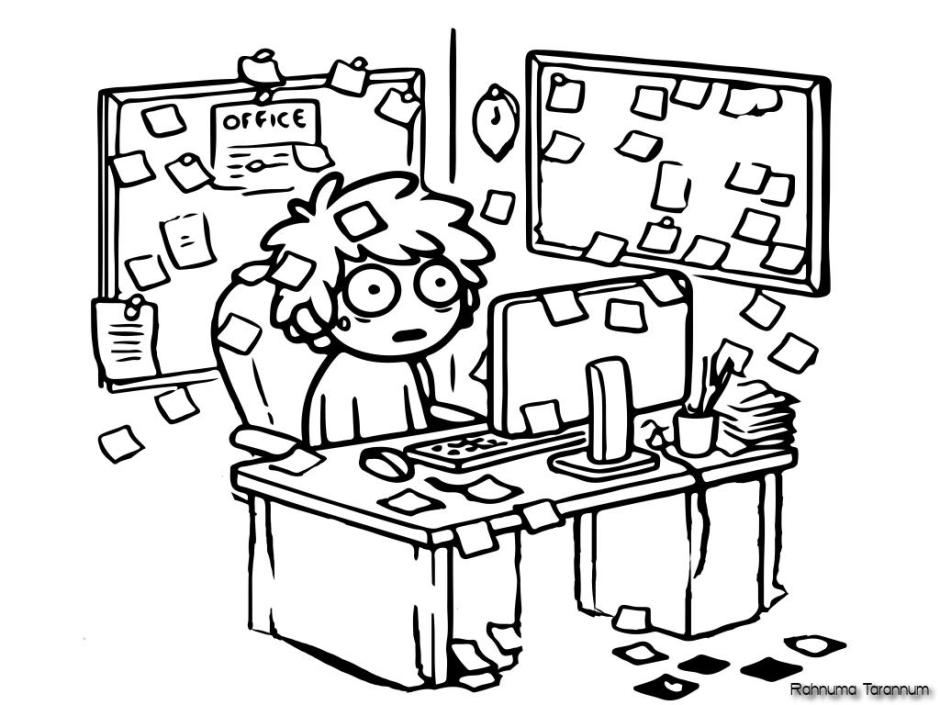A woman in an office covered in sticky notes