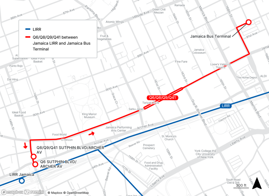 Map showing the route of the Q6/Q8/Q9/Q41 buses from LIRR Jamaica Station to Jamaica Bus Terminal