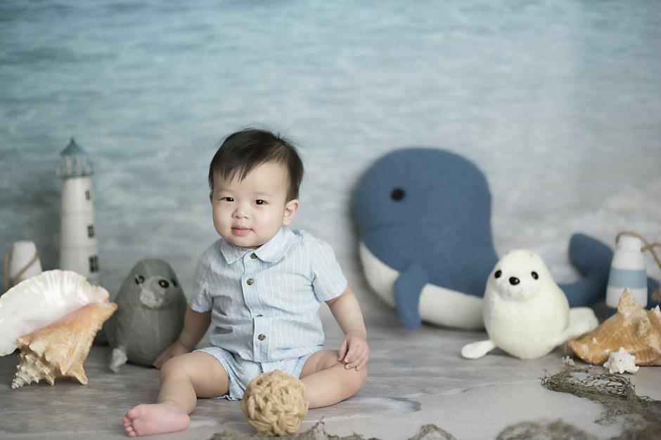 A small child in front of a background of stuffed sea creatures