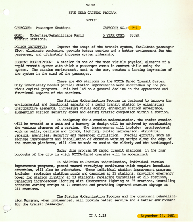 Page of text from the 1981 Capital Plan on NYCTA Passenger Stations Detail, with the date September 14, 1981 and the Category Number T-4 highlighted
