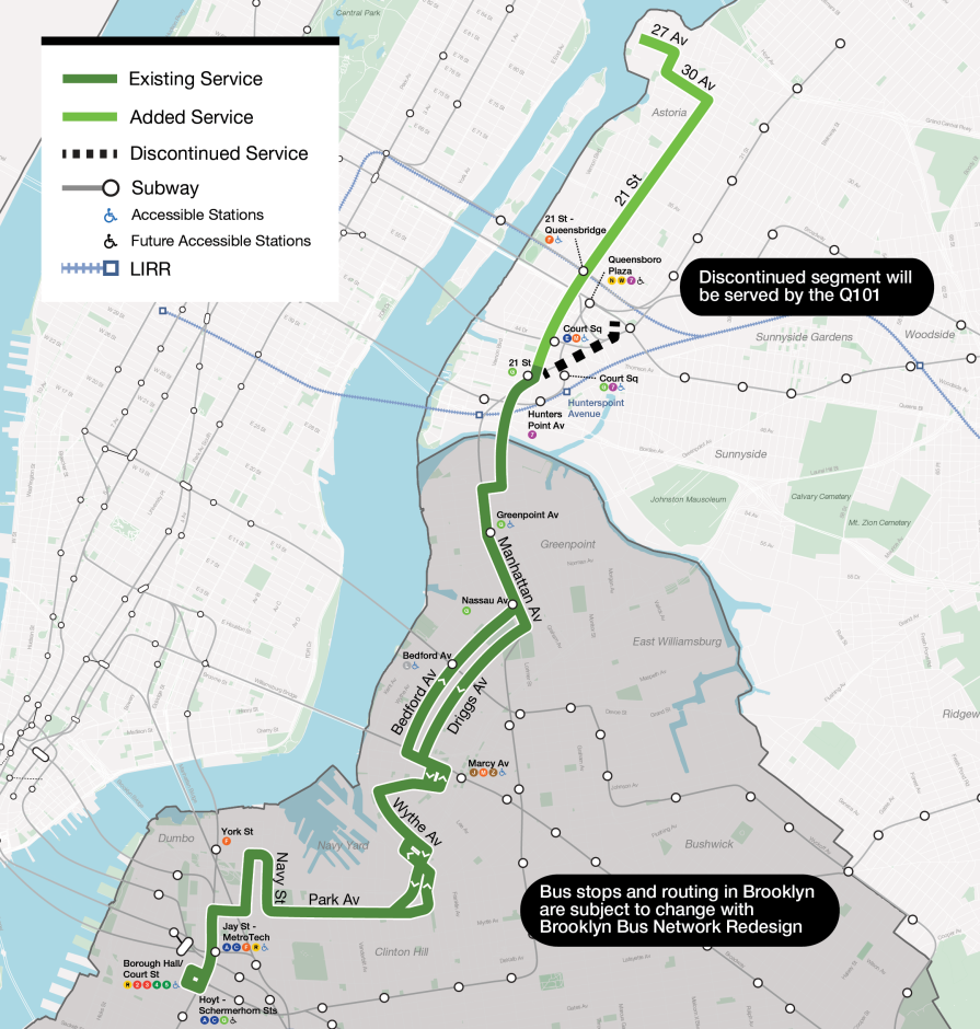 Map of the B62 with service between Astoria and Downtown Brooklyn via 27 Av, 8 St, 30 Av, 21 St, Jackson Av, Pulaski Bridge, McGuinness Blvd, Green St/Freeman St, Manhattan Av, Driggs Av/Bedford Av, Roebling St, Division Av, Wythe Av, Williamsburg St/Kent Av, Park Av, Navy St, York St, Gold St, Tillary St, Jay St, and Smith St. Service along Jackson Av to Queens Plaza will be discontinued.