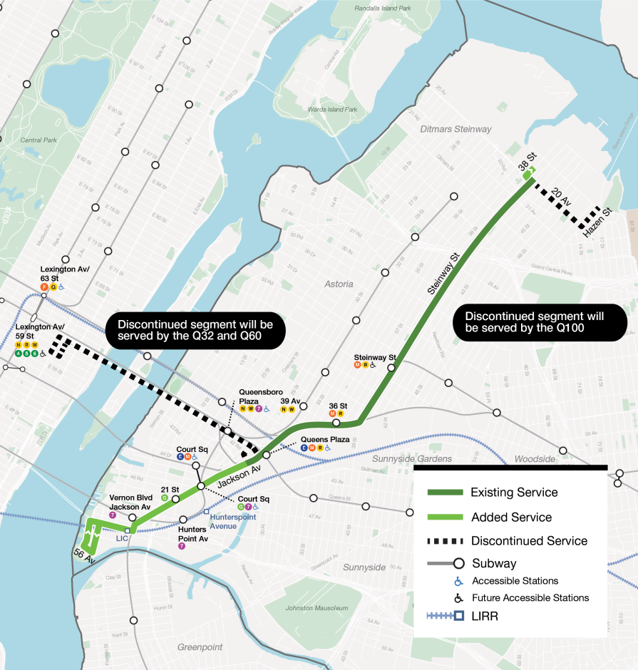 Map of the Q101 with service between Steinway and Hunters Point via 20 Av/37 St, Steinway St, Northern Blvd, Jackson Av, Borden Av, 54 Av. Existing service to East Midtown via the Queensboro Bridge and Hazen St via 20 Av will be discontinued. Service to Manhattan will still be provided via a transfer to the subway, Q32, or Q60.