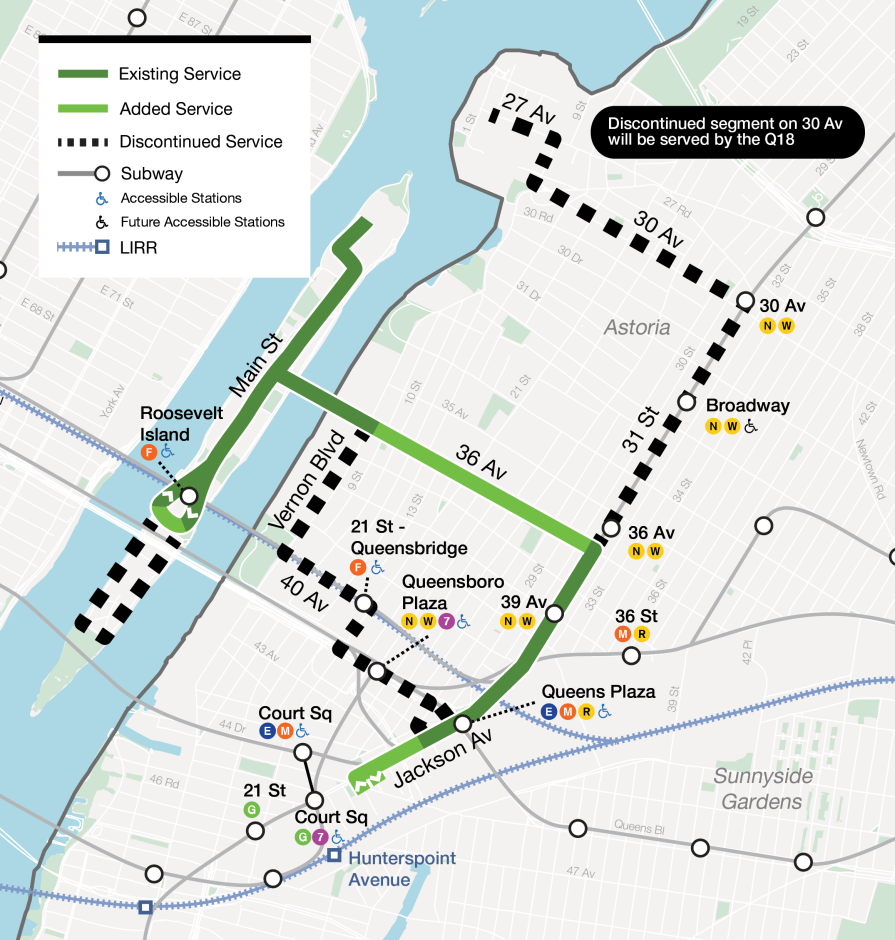 Map of the Q102 with service between Long Island City and Roosevelt Island via 44 Dr, Jackson Av, 31 St, 36 Av, Roosevelt Island Bridge, looping through Roosevelt Island via Main St and West Rd. Service to Astoria via 31 St and 30 Av will be discontinued. The N/W trains will provide service along 31 St, and the Q18 will still serve 30 Av. Service to Astoria Houses will still be provided by the Q103.