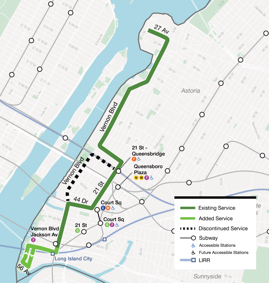 Map of the Q103 with service between Hunters Point and Astoria via Borden Av, Vernon Blvd, 44 Dr, 21 St, 40 Av, Vernon Blvd, 8 St, 27 Av, and 1 St. Service on 41 Av and Vernon Blvd between 41 Av and 44 Dr is discontinued.