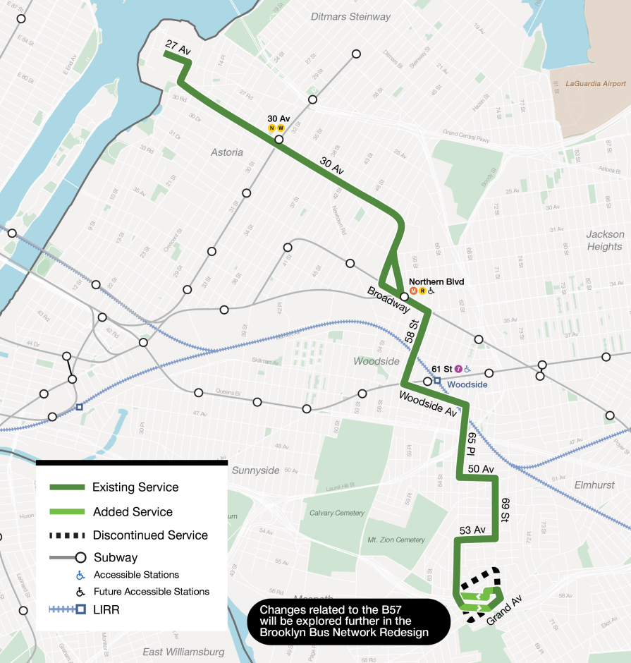Map of the Q18 with service between Maspeth and Astoria via 1 St, 27 Av, 8 St, 30 Av, Hobart St, 51 St/54 St, Broadway, 58 St, Woodside Av, 65 Pl, 50 Av, 69 St, 53 Av, Queens Midtown Expwy/Borden Av, Grand Av and 69 St. In Maspeth, service on Jay Av is discontinued.